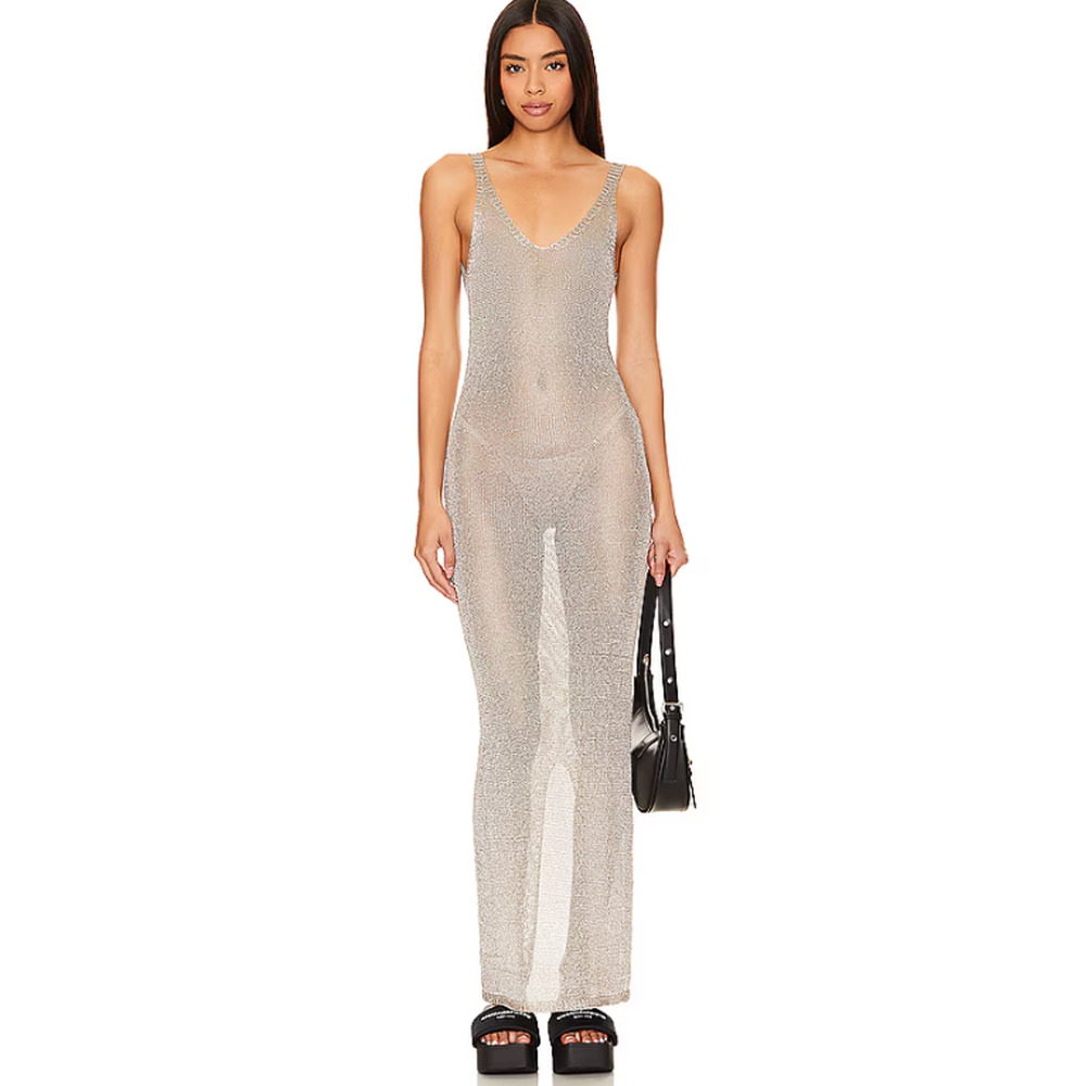 NWT Superdown Egon Gold Metallic Knit Maxi Dress Sz L Backless Party Resort Beac - Picture 2 of 14
